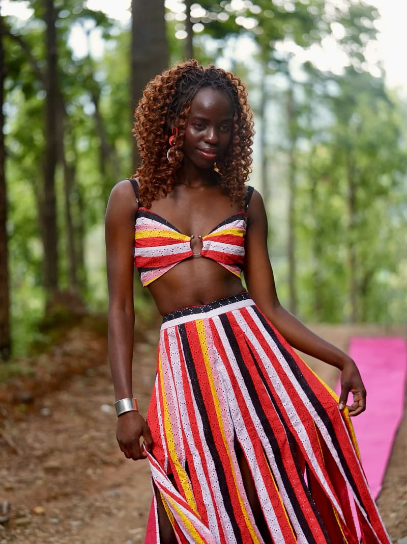 Tidal Romance Co-ord – Striped top & multiple Split Skirt Set with Hand Embroidered detailing